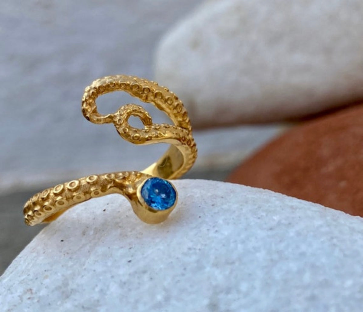 Octopus ring gold and blue gemstone, gold tentacle ring
