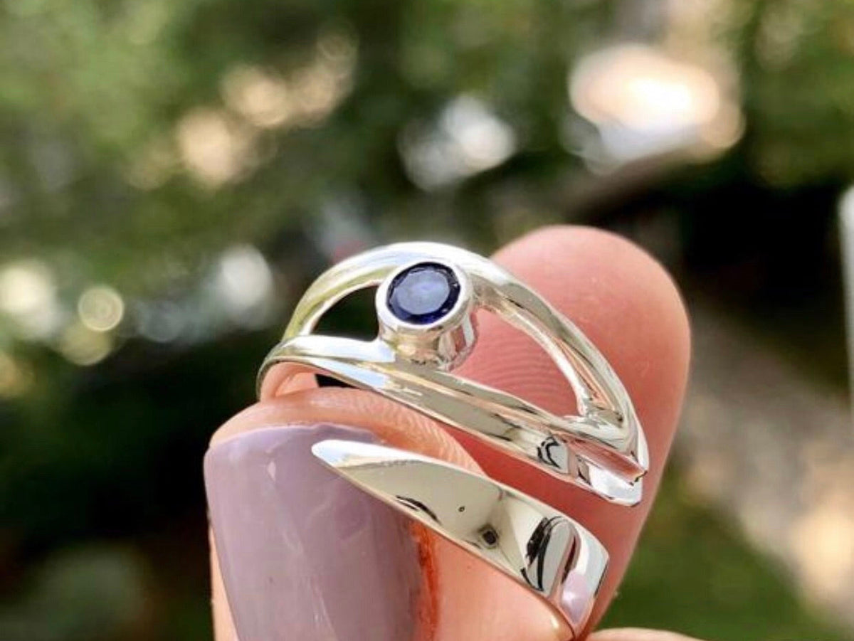 evil eye ring with iolite gemstone adjustable silver ring