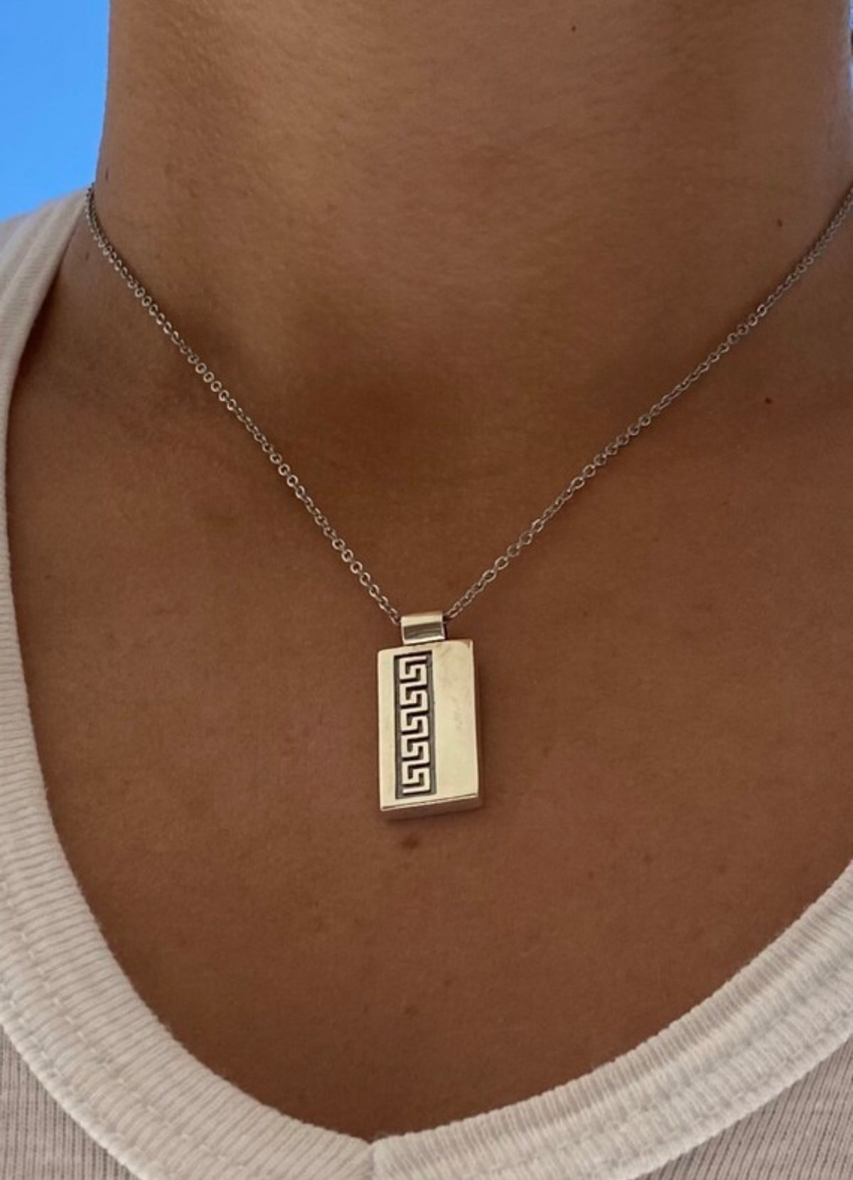 silver greek key necklace minimal