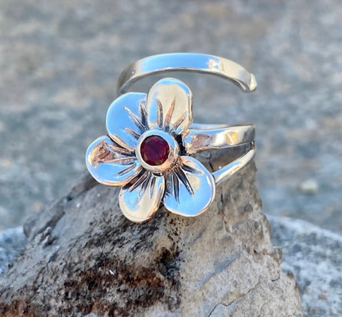 flower ring silver with a garnet gemstone, silver garnet ring