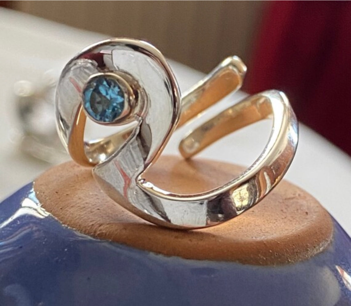 Ocean wave ring silver adjustable with blue gemstone