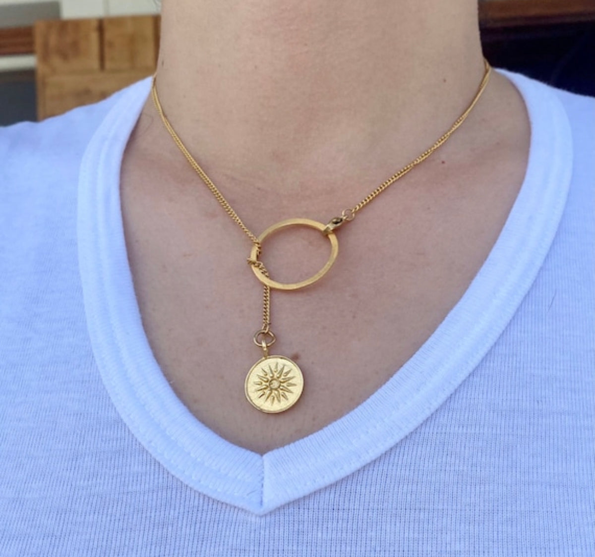 Lariat necklace circle with Macedonian star, Greek necklace