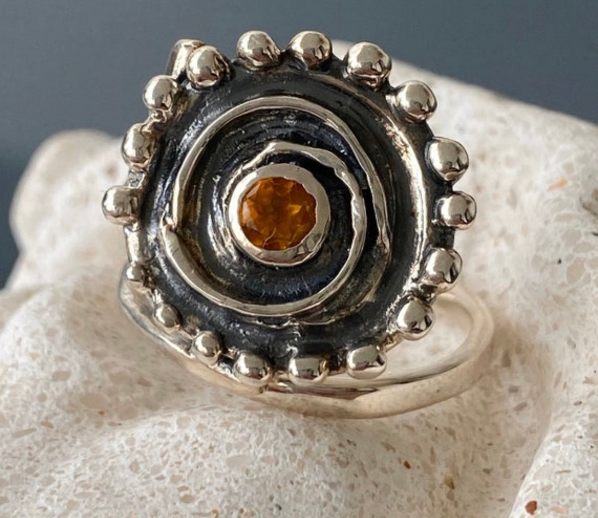 citrine silver statement ring, silver swirl ring