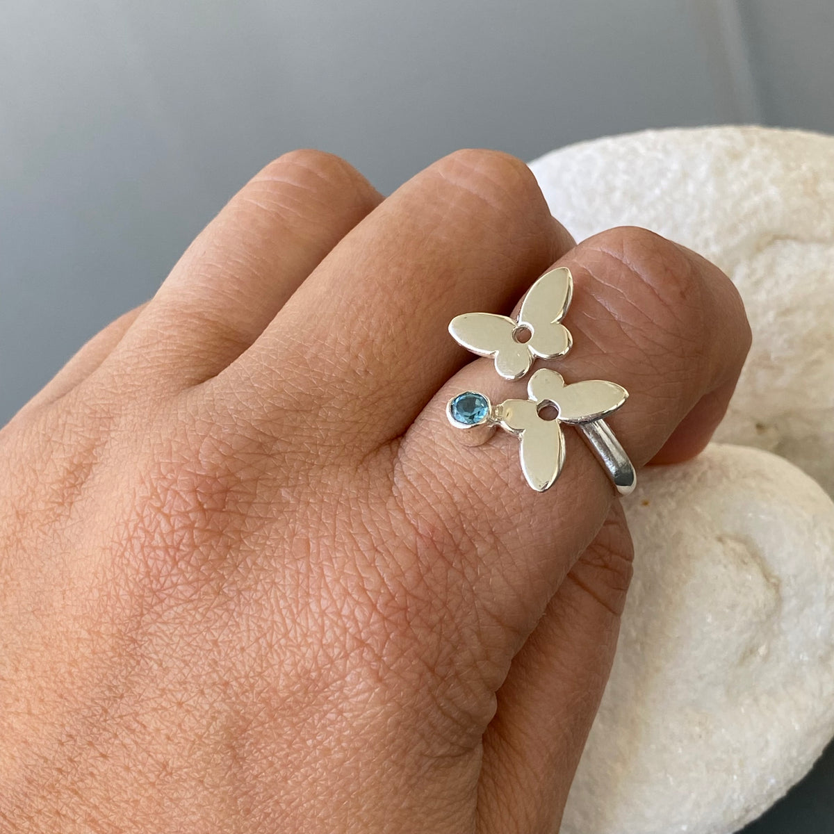 Silver Butterfly ring adjustable with blue gemstone