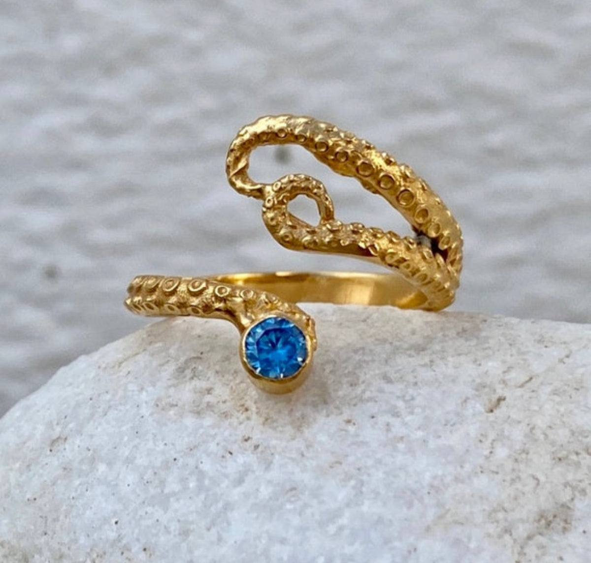 Octopus ring gold and blue gemstone, gold tentacle ring