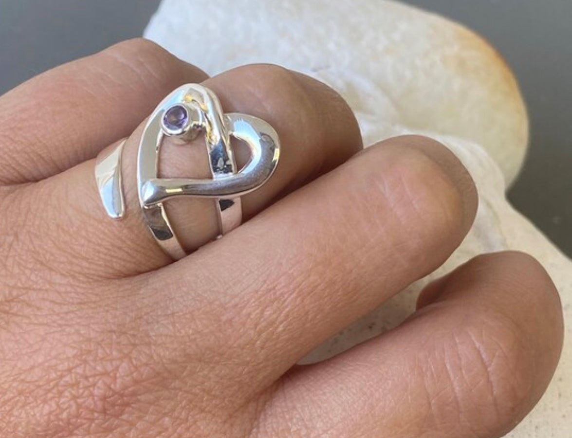 Heart ring silver adjustable with amethyst gemstone