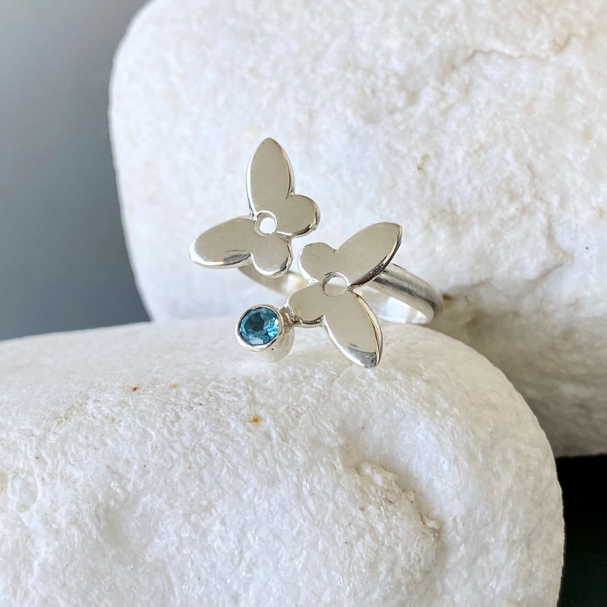Silver Butterfly ring adjustable with blue gemstone