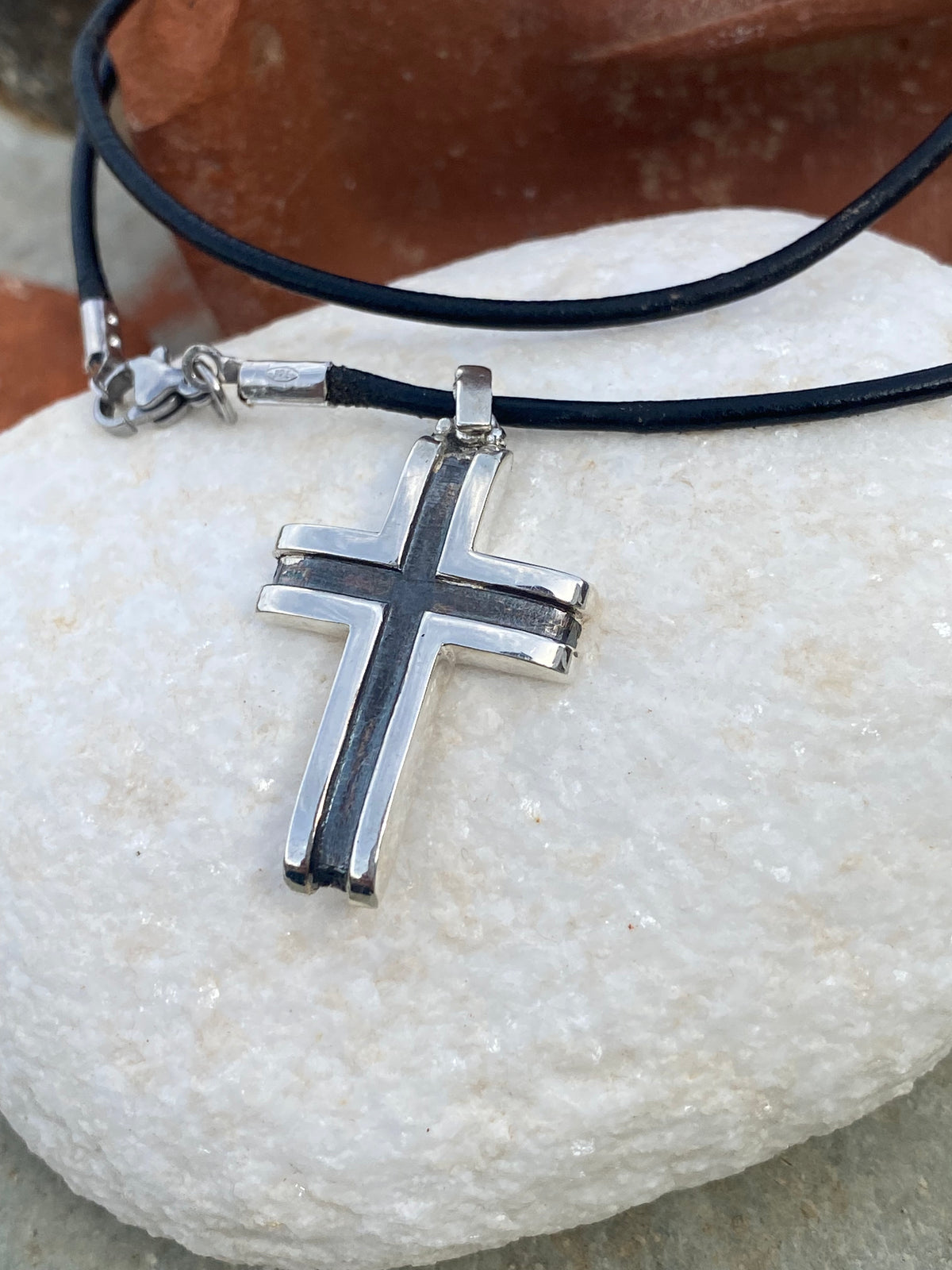 Men’s cross necklace, leather cord, black silver cross pendant