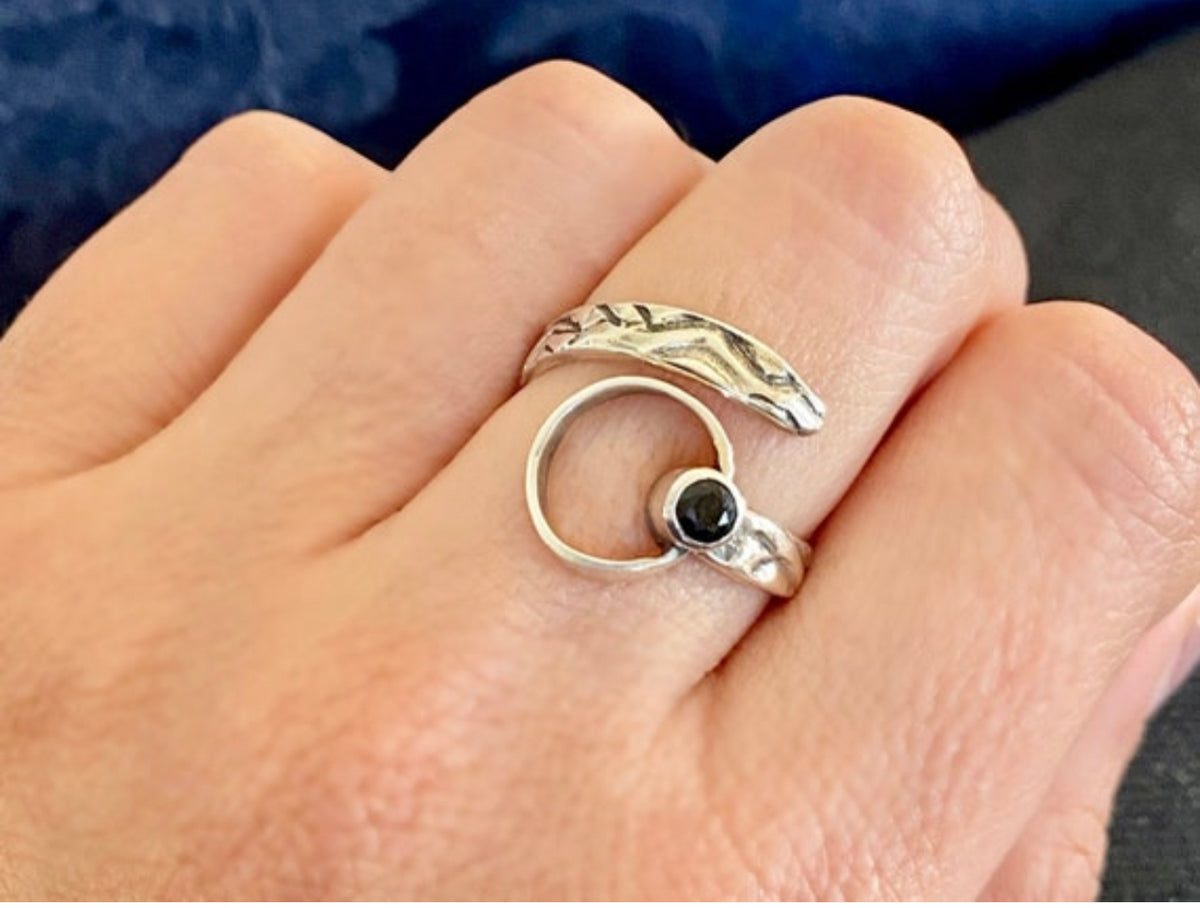 black gemstone ring silver tribal ring circle