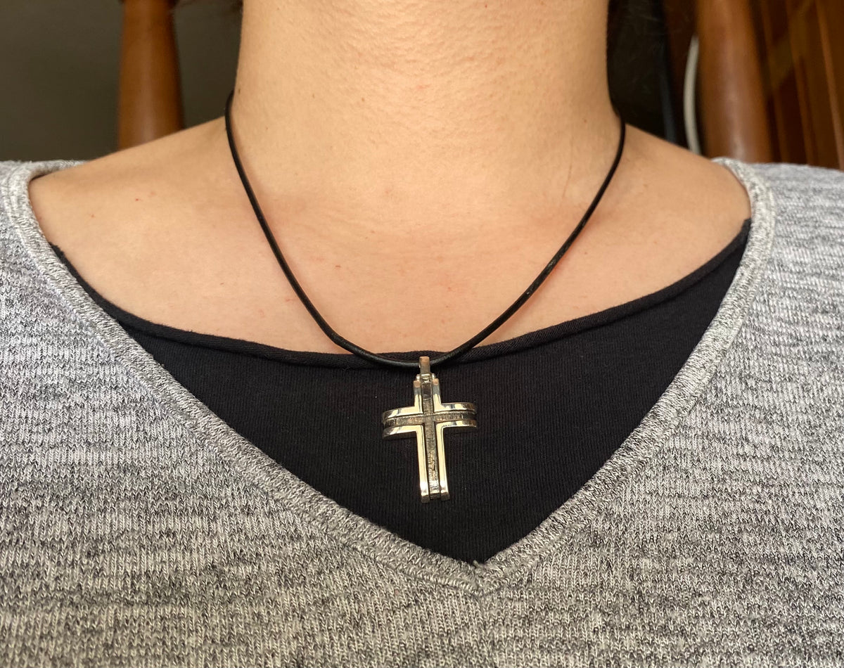 black and silver cross with leather cord, mens silver cross