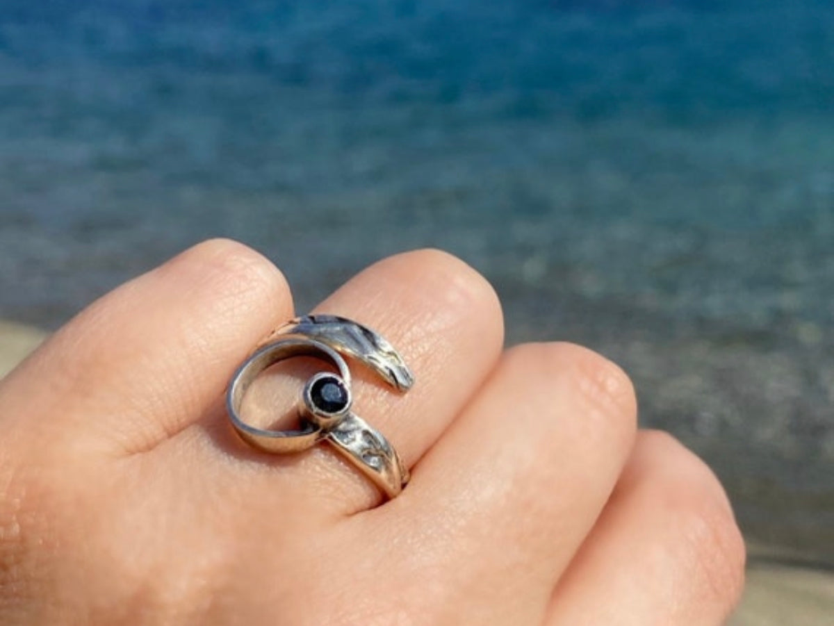 black gemstone ring silver tribal ring circle