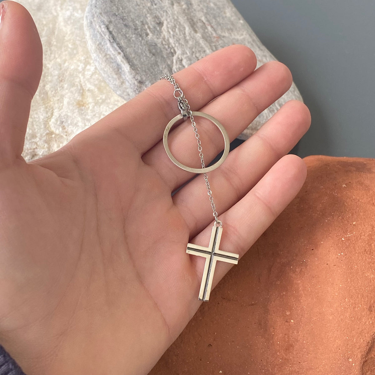 Circle lariat with cross necklace, women’s fashion necklace