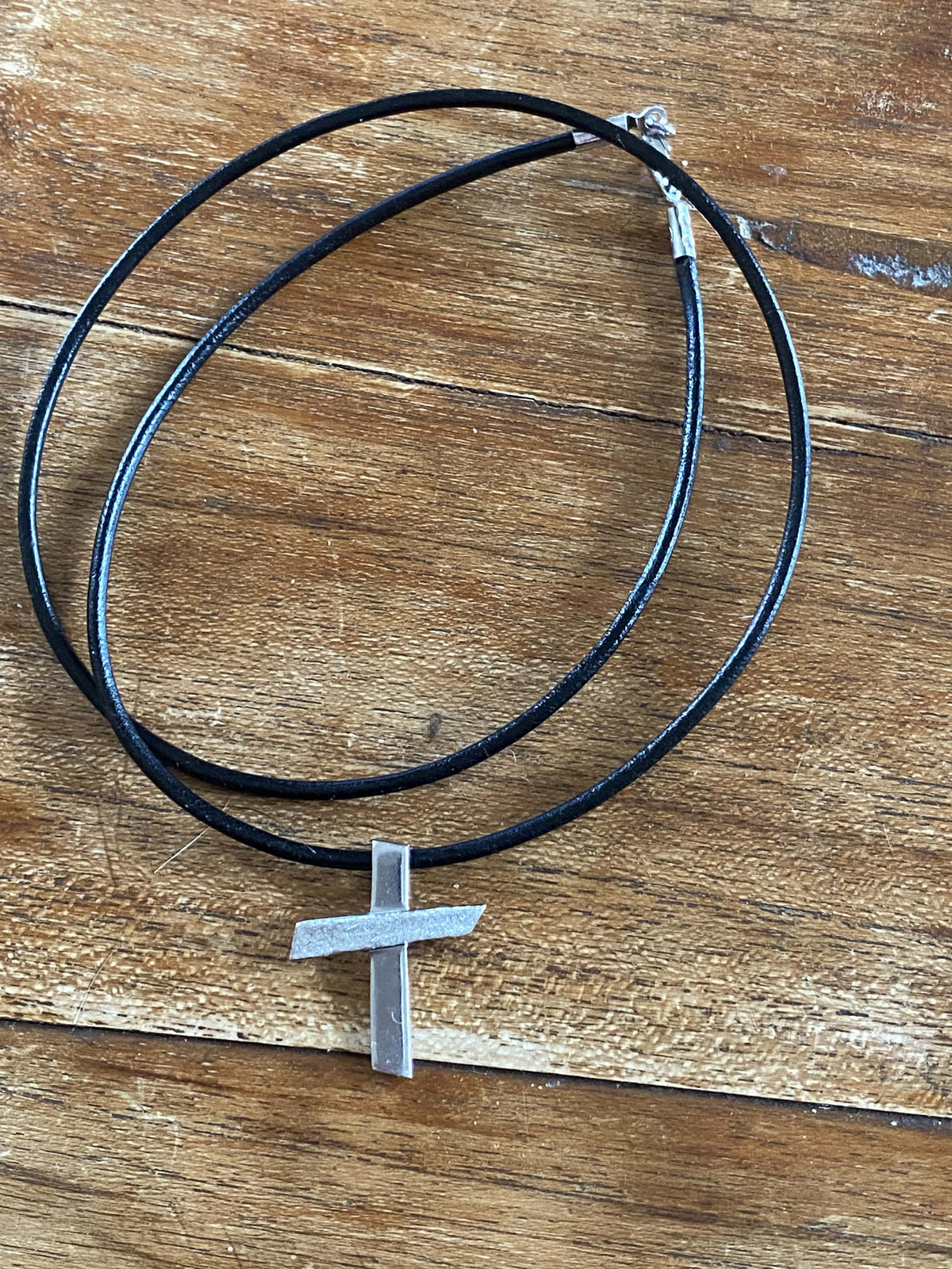 Silver cross necklace with leather rope, textured silver cross, silver cross pendant 