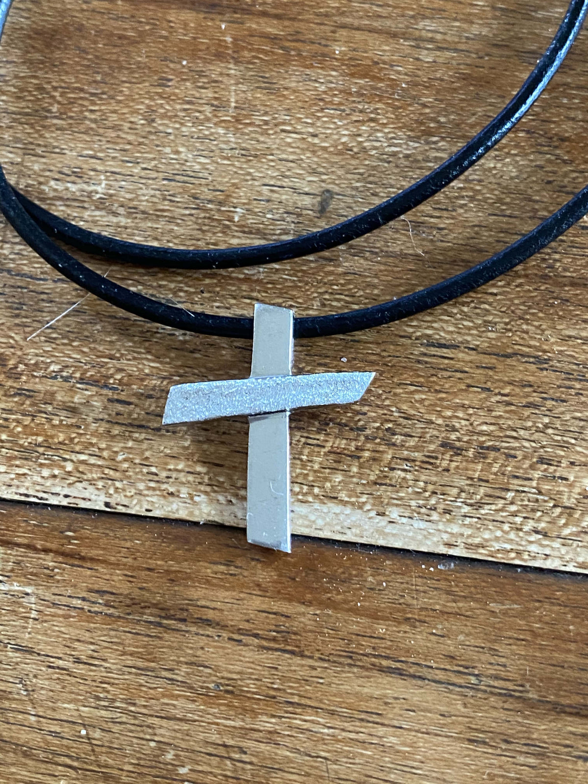 Silver cross necklace with leather rope, textured silver cross, silver cross pendant 