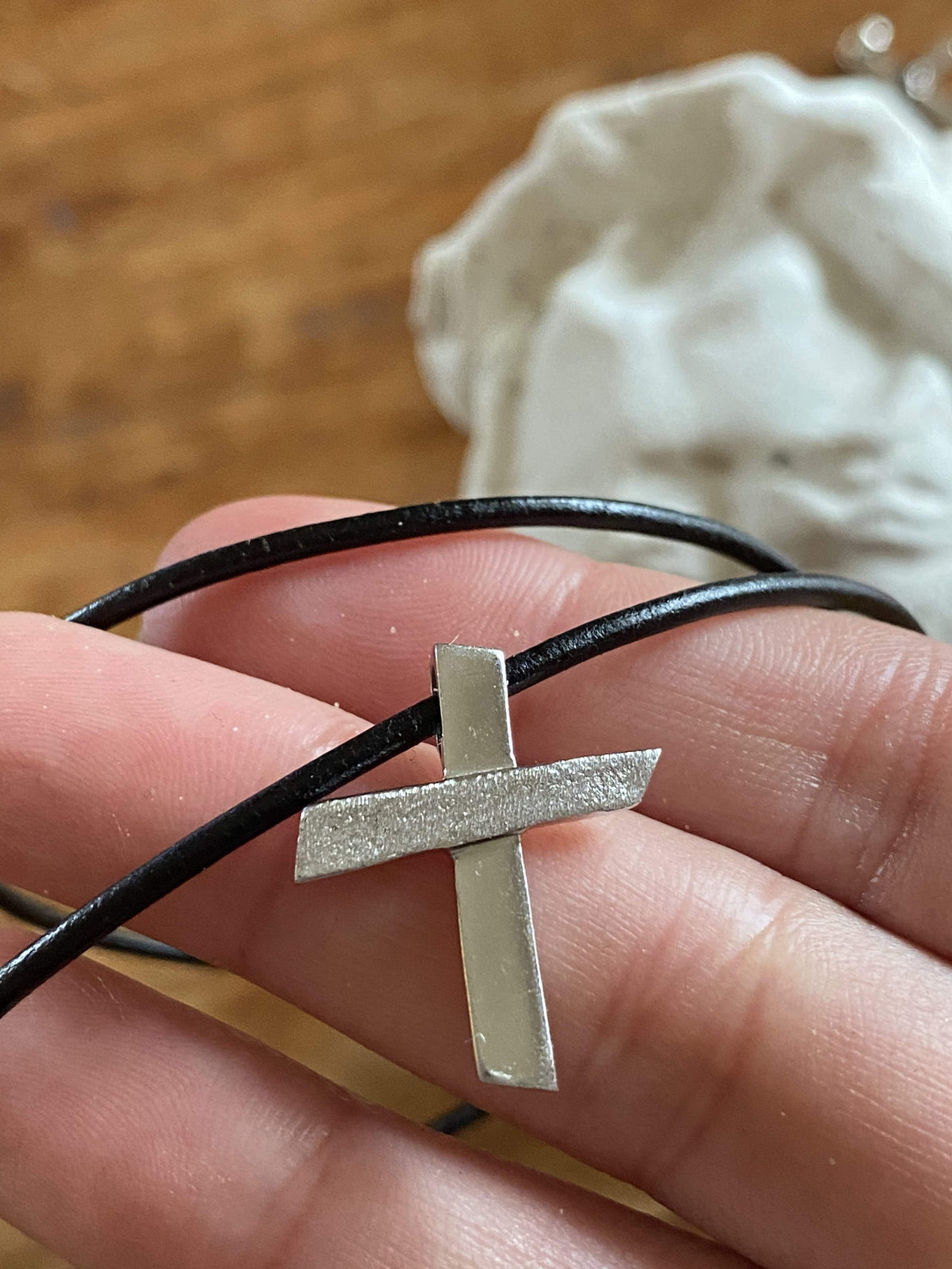 Silver cross necklace with leather rope, textured silver cross, silver cross pendant 