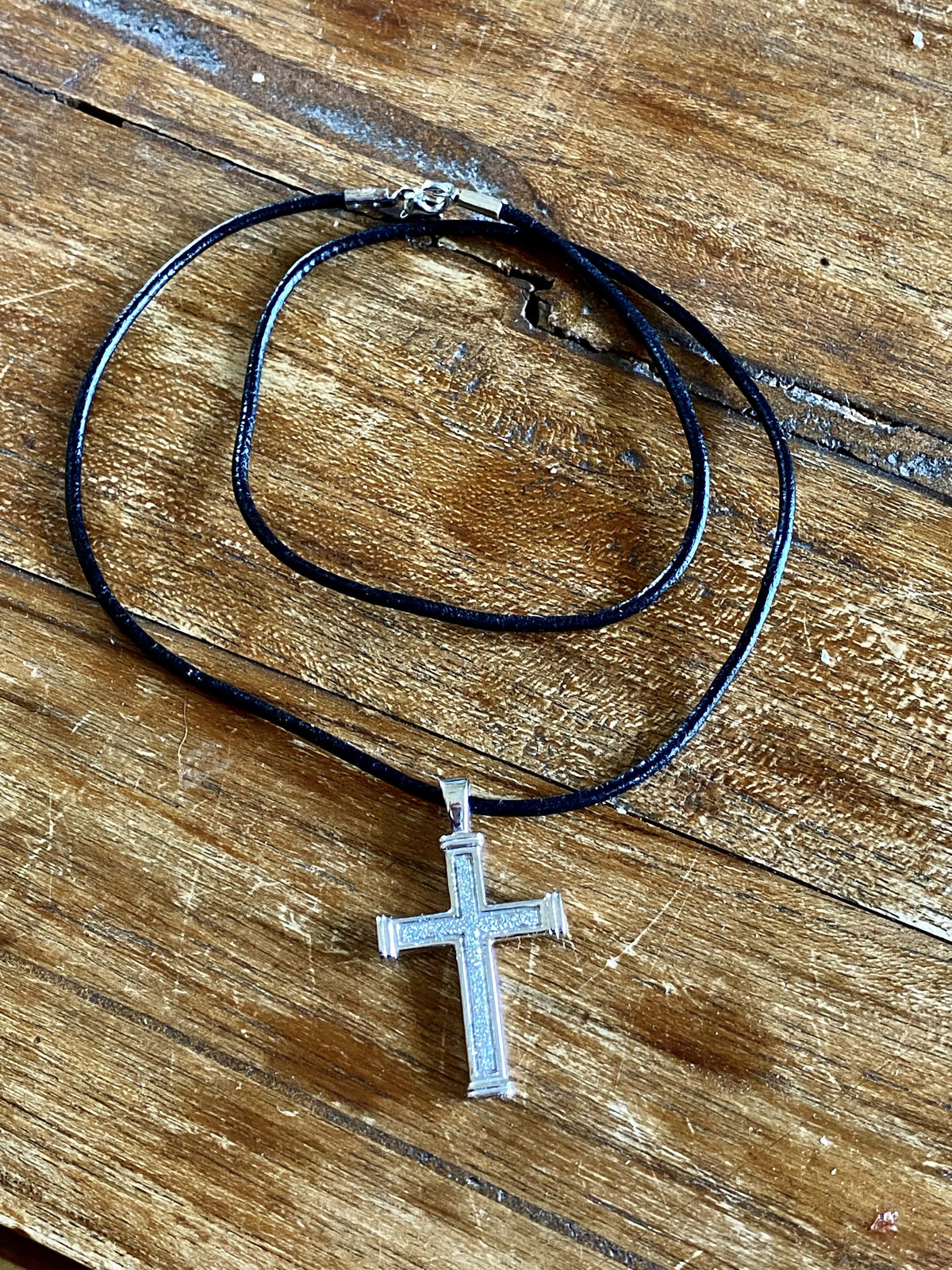 Men's cross necklace with leather cord, white rhodium plated sterling silver cross 